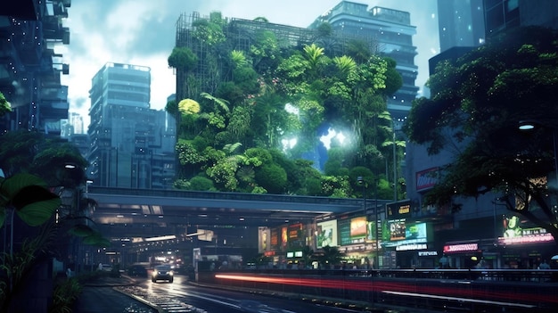 futurystyczny pejzaż miejski z wysoką zieloną rośliną