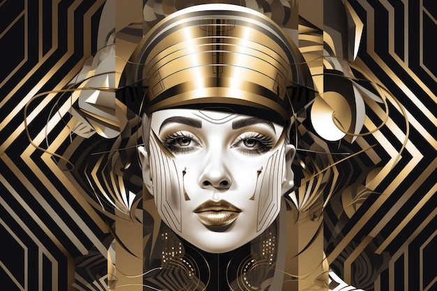 Futurystyczny portret kobiety z elementami metalowymi i futurystycznymi kształtami