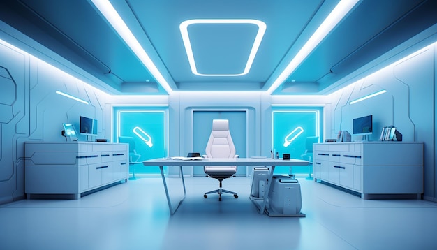Futurystyczny projekt biura, nowoczesna kreatywna sesja zdjęciowa wnętrz stworzona za pomocą generatywnej sztucznej inteligencji