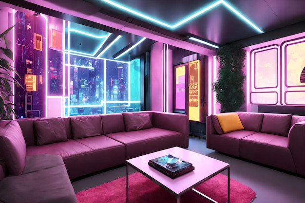 Futurystyczny projekt wnętrz luksusowy nowoczesny dom z grafiką generatywną światła neonowego autorstwa AI