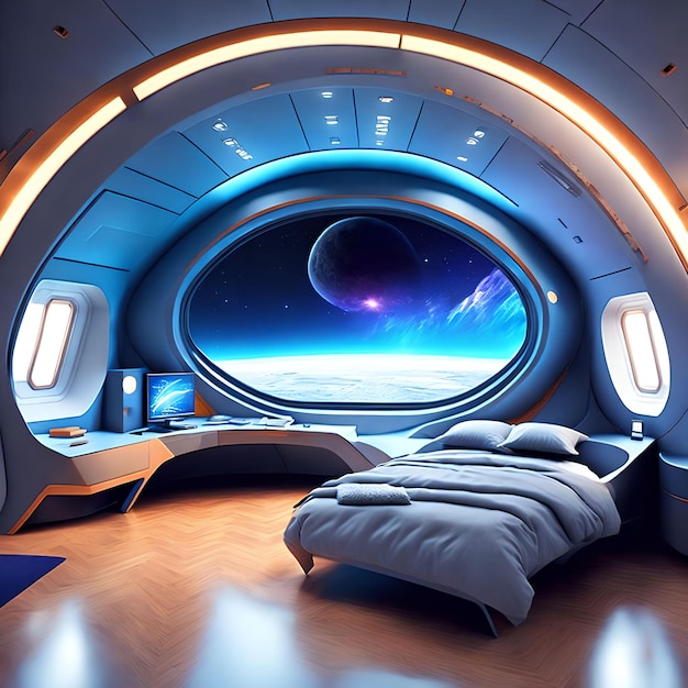 Futurystyczny projekt wnętrz z twardą powierzchnią generatywnej sztuki sypialni statku kosmicznego autorstwa AI