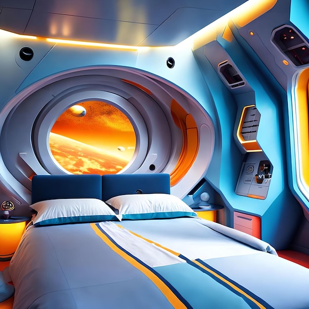 Zdjęcie futurystyczny projekt wnętrz z twardą powierzchnią generatywnej sztuki sypialni statku kosmicznego autorstwa ai