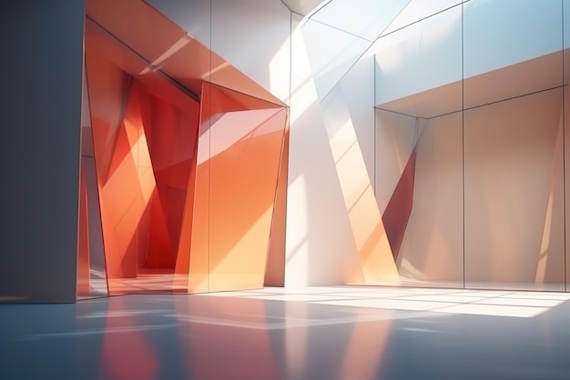 Futurystyczny pusty pokój z geometrycznymi kształtami i jasnymi pomarańczowymi akcentami