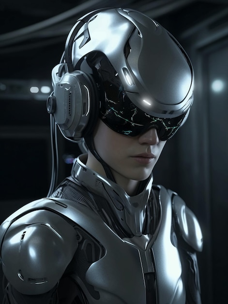 Futurystyczny robot cyborg ze słuchawkami i okularami VR