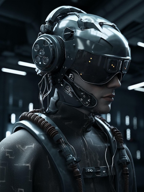 Futurystyczny robot cyborg ze słuchawkami i okularami VR