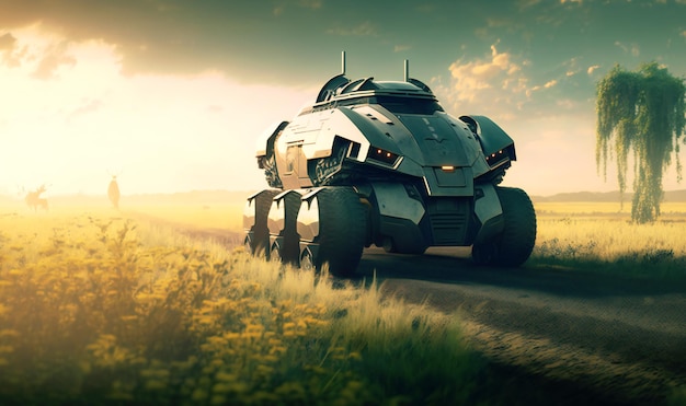 Futurystyczny robot pilotujący samochód przez malownicze wiejskie krajobrazy