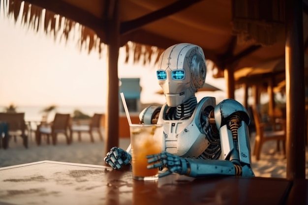 Futurystyczny robot popijający koktajle w generatywnej ai kawiarni na plaży