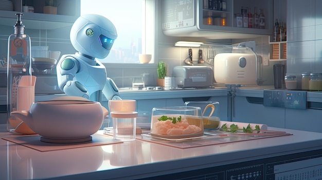 Futurystyczny robot przygotowuje jedzenie w kuchni Nowoczesna innowacja dla gospodarstw domowych Generative AI content