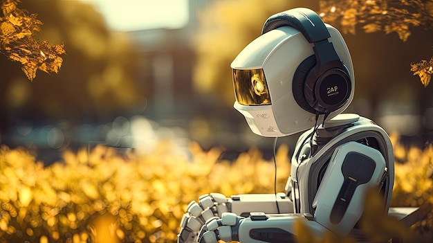 Futurystyczny robot słuchający muzyki w parku