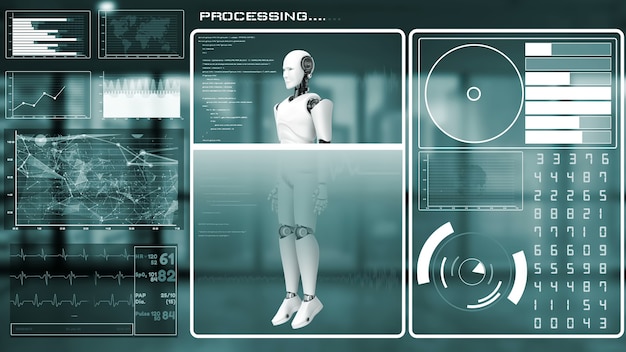 Zdjęcie futurystyczny robot, sztuczna inteligencja cgi, analityka i programowanie big data