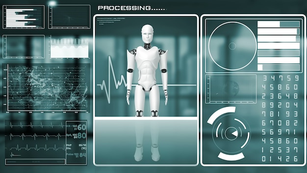 Futurystyczny robot, sztuczna inteligencja CGI, analityka i programowanie big data