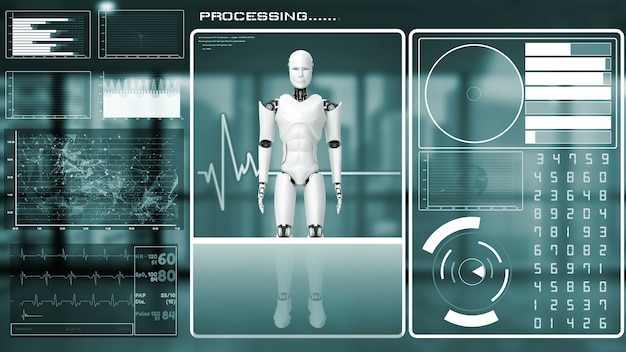 Zdjęcie futurystyczny robot, sztuczna inteligencja cgi, analityka i programowanie big data