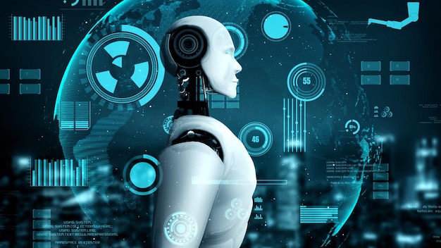 Futurystyczny robot sztuczna inteligencja humanoid AI dla fabryki przemysłowej