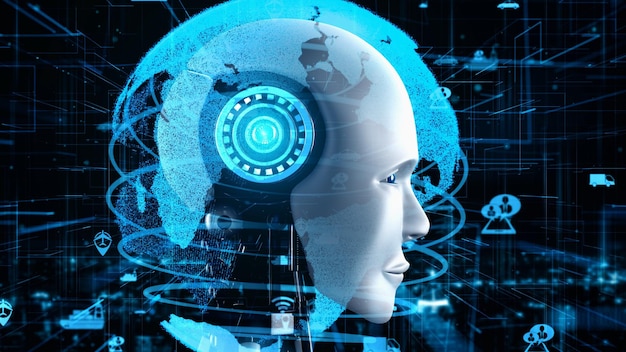 Futurystyczny robot sztuczna inteligencja, huminoidalna analiza transportu AI