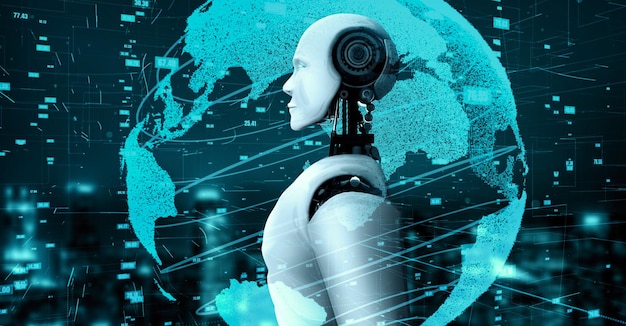Futurystyczny robot sztuczna inteligencja huminoidalna technologia analizy danych AI