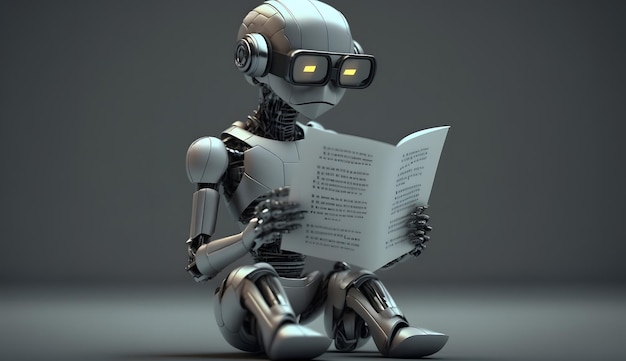 Futurystyczny robot z goglami czytającymi w parku otoczony cyberpunkową scenerią i zaawansowaną technologią