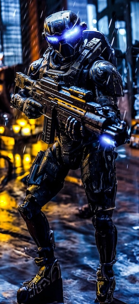 Futurystyczny robot-żołnierz z czarną zbroją, niebieskim, jasnym okiem trzymający broń