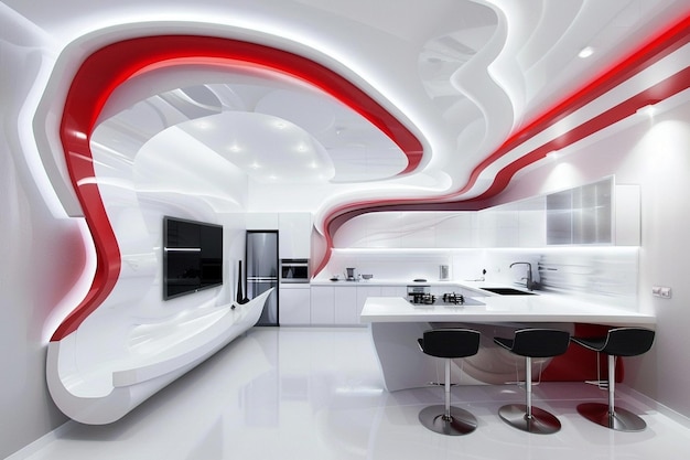 Futurystyczny salon nowoczesna przyszłość inteligentny wygodny przytulny apartament dom projekt dekoracji luksusowe