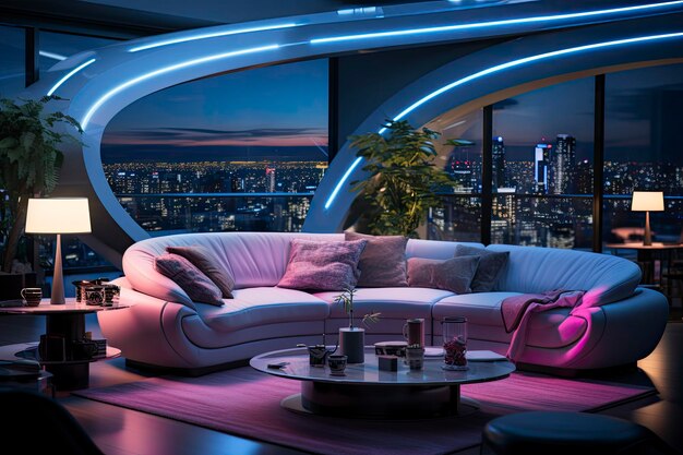 Futurystyczny salon z zaawansowanymi technologicznie gadżetami i eleganckimi futurystycznymi meblami