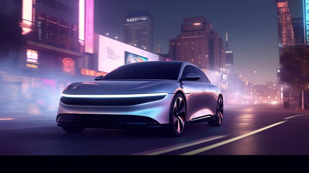 Futurystyczny samochód elektryczny jedzie ulicą miasta.