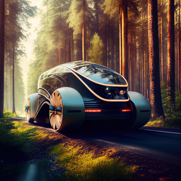 Futurystyczny samochód elektryczny na autostradzie w lesie Generative Ai