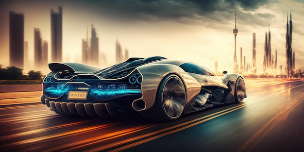 Futurystyczny samochód elektryczny super samochód jadący po autostradzie miejskiej z rozmyciem ruchu