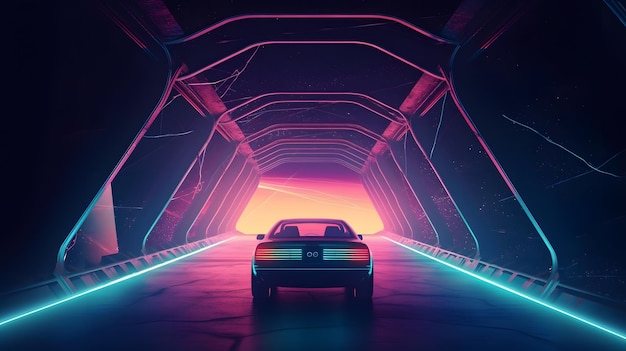Futurystyczny samochód jedzie przez tunel z neonowymi światłami.