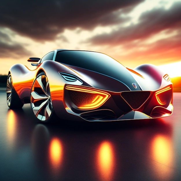 Zdjęcie futurystyczny samochód jest na drodze przed zachodem słońca.