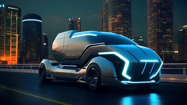 Futurystyczny samochód na autostradzie ze światłami miasta w tle generatywnej ai