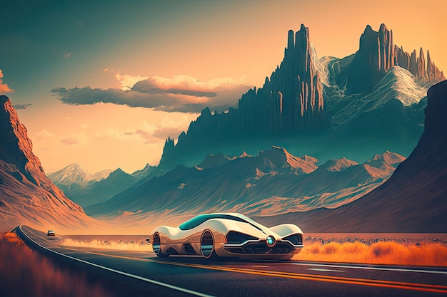 Futurystyczny samochód pędzący obok pasma górskiego z wysokimi szczytami w tle
