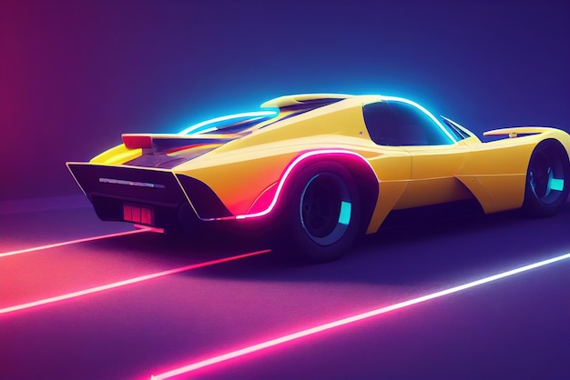 Futurystyczny samochód retro wave z syntezatorem fali Retro samochód sportowy z neonowymi konturami podświetlenia