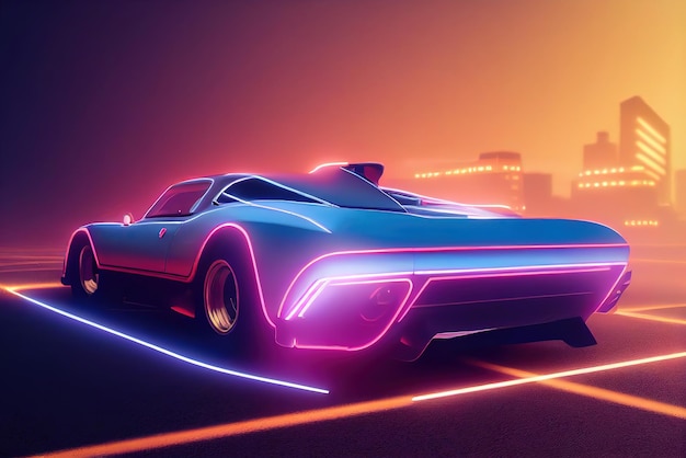 Futurystyczny samochód retro wave z syntezatorem fali Retro samochód sportowy z neonowymi konturami podświetlenia