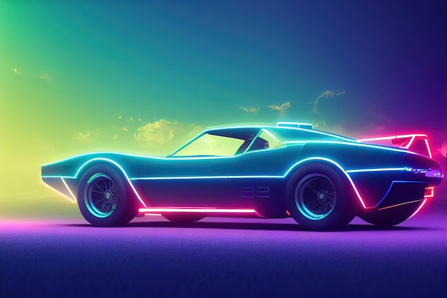 Futurystyczny samochód retro wave z syntezatorem fali Retro samochód sportowy z neonowymi konturami podświetlenia