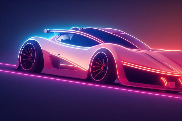 Futurystyczny Samochód Retro Wave Z Syntezatorem Fali Retro Samochód Sportowy Z Neonowymi Konturami Podświetlenia