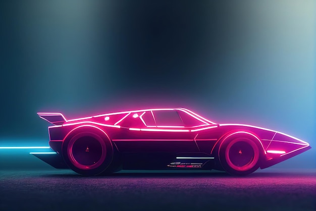 Futurystyczny samochód retro wave z syntezatorem fali Retro samochód sportowy z neonowymi konturami podświetlenia