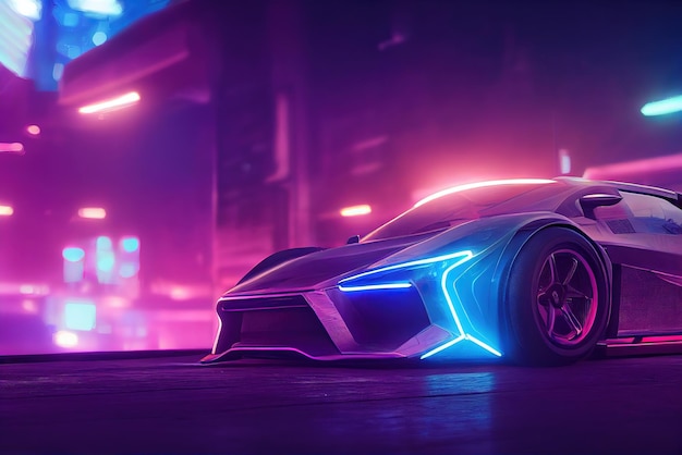 Futurystyczny samochód retro wave z syntezatorem fali Retro samochód sportowy z neonowymi konturami podświetlenia