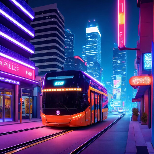 Futurystyczny samochód science fiction w mieście nocą z grafiką generatywną światła neonowego autorstwa AI
