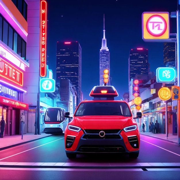 Futurystyczny samochód science-fiction w mieście nocą z grafiką generatywną światła neonowego autorstwa AI