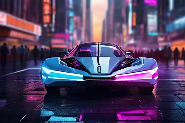 Zdjęcie futurystyczny samochód sportowy w neonowym mieście i cyberpunk miejski krajobraz z samochodem