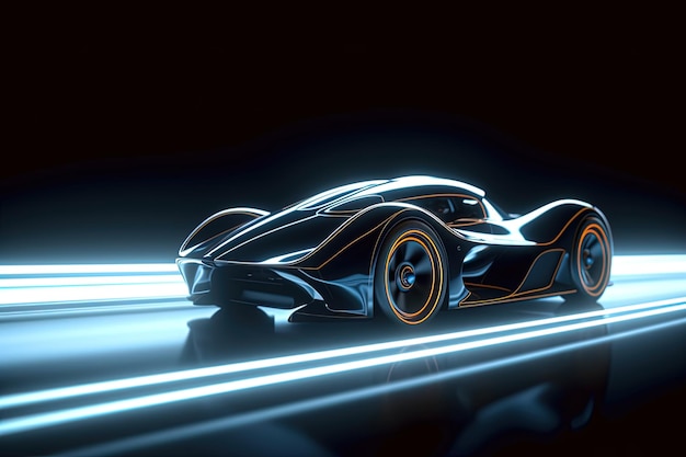 Futurystyczny samochód wyścigowy z neonowymi światłami w tle.