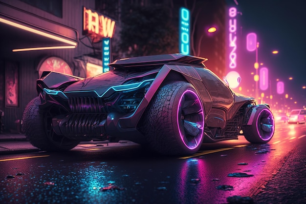 Futurystyczny samochód z neonem świecącym w cyber-miejskim sporcie cyberpunk auto generatywna sztuczna inteligencja