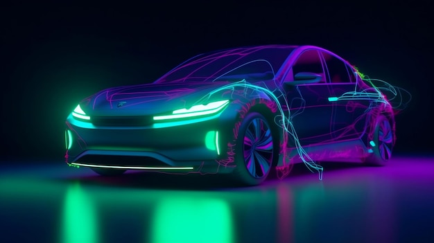 Futurystyczny samochód z neonowymi światłami i napisem elektryczny z przodu.