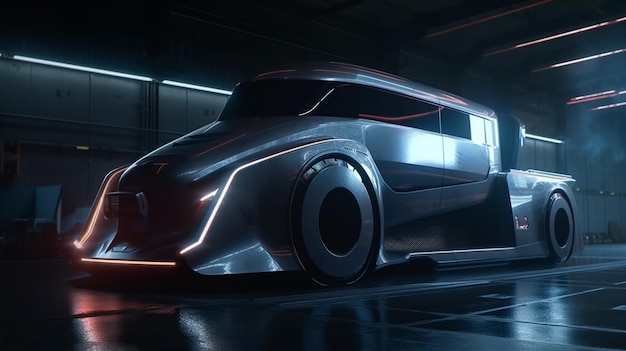 Futurystyczny samochód z przyszłości jest pokazany w ciemnym pokoju.