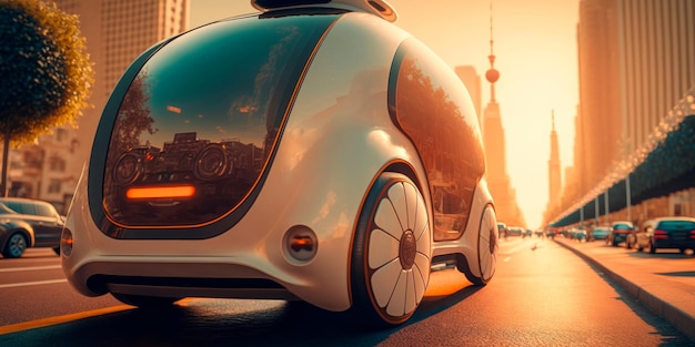 Futurystyczny samojezdny samochód poruszający się po ulicach inteligentnego miastaGenerative AI