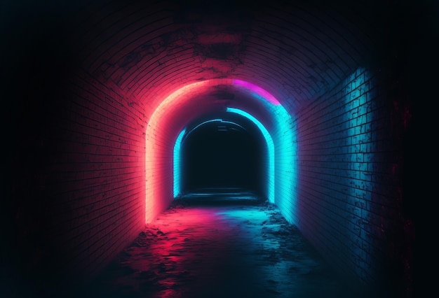 Futurystyczny scifi oświetlony neonowym świecącym tunelem Generative ai