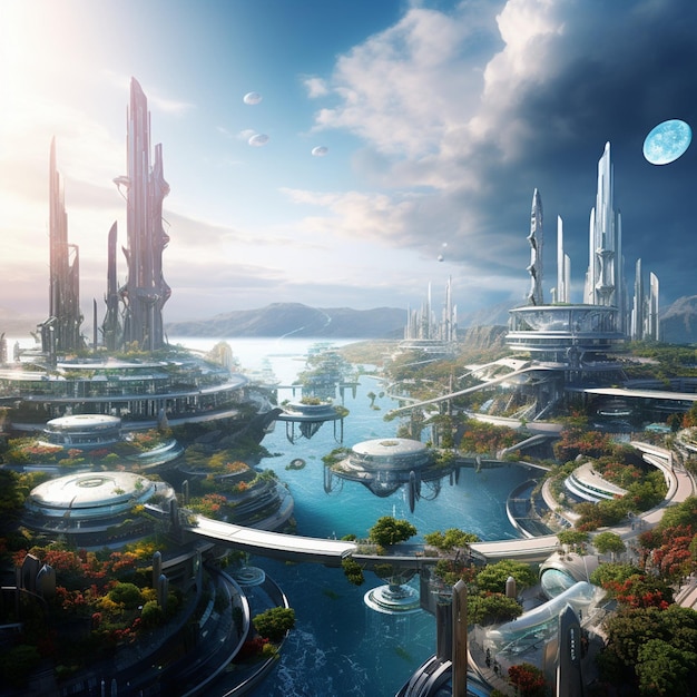 Futurystyczny świat z elementami ultratechnologicznymi i ponad rozwiniętymi obywatelami żyjącymi 1000 lat