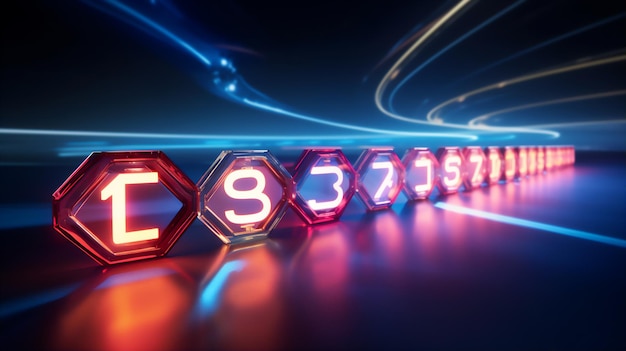 futurystyczny szlak świetlny z geometrycznym sześciokątem i liczbami kolorowe światło hiperrealistyczne