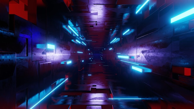 Futurystyczny tunel high tech z migającymi neonowymi wstążkami. ilustracja renderowania 3D.