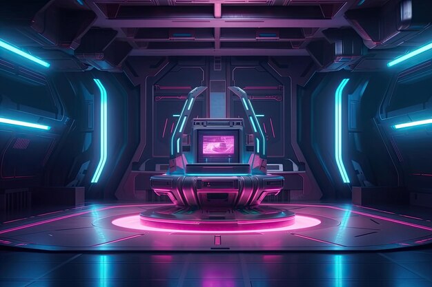 Futurystyczny tunel korytarza korytarza z neonowym światłem Hitech scifi statek kosmiczny w tle AI Generated