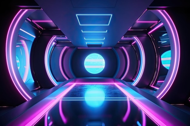 Futurystyczny tunel korytarza korytarza z neonowym światłem Hitech scifi statek kosmiczny w tle AI Generated